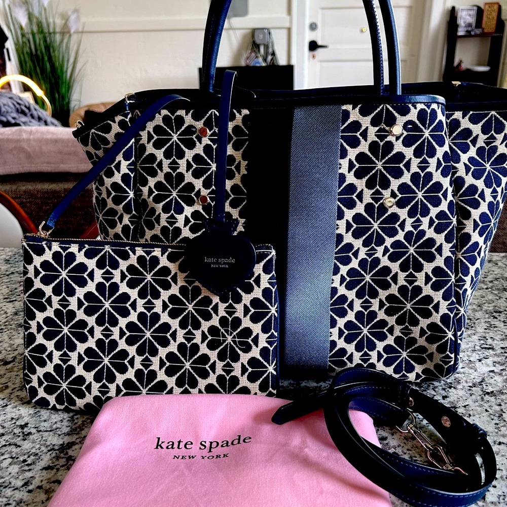 Kate Spade large Navy and cream colored large canvas tote.